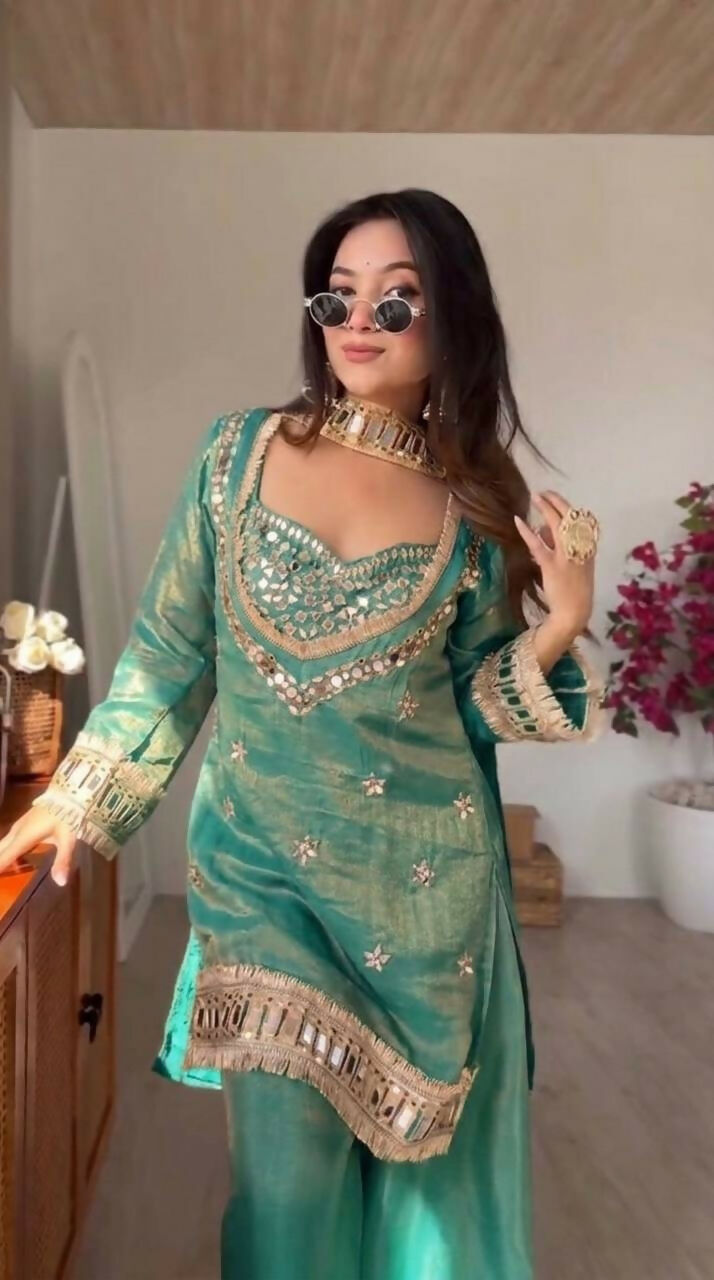 Teeya Creation New Trendy Stylish Real Mirror Work With Lace Border Kurta Set - Dista