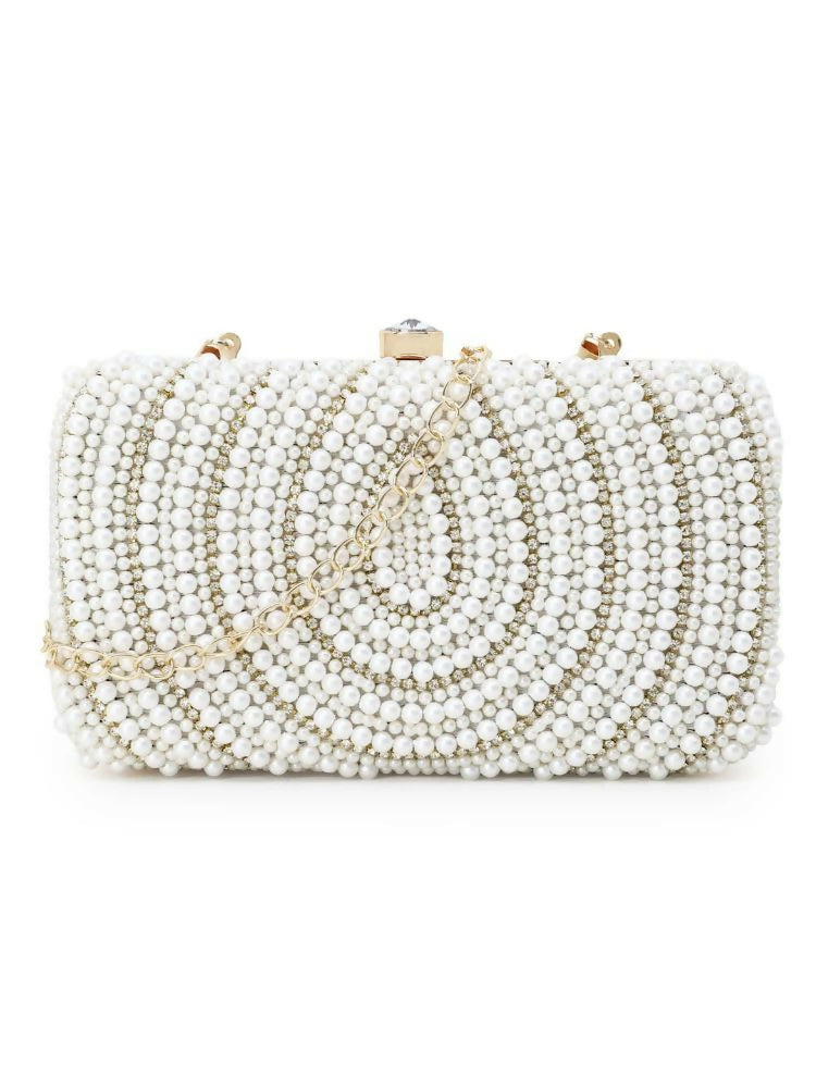 Joban Fashion Adorn Faux Silk Embellished Pearl Work Box Clutch - White