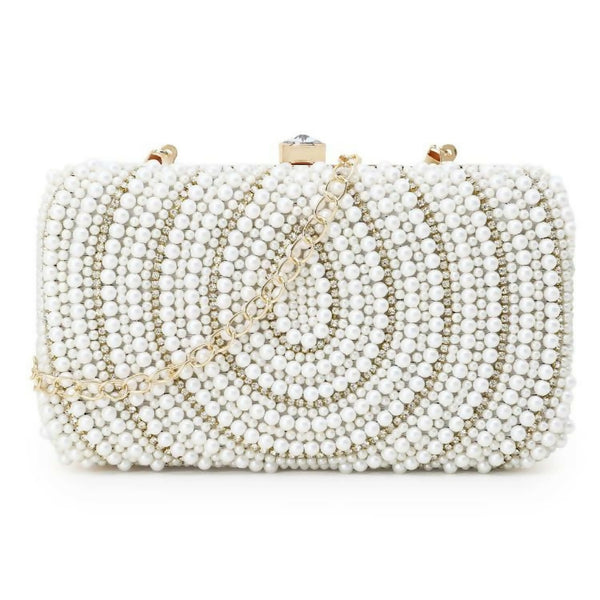 Joban Fashion Adorn Faux Silk Embellished Pearl Work Box Clutch - White - Dista