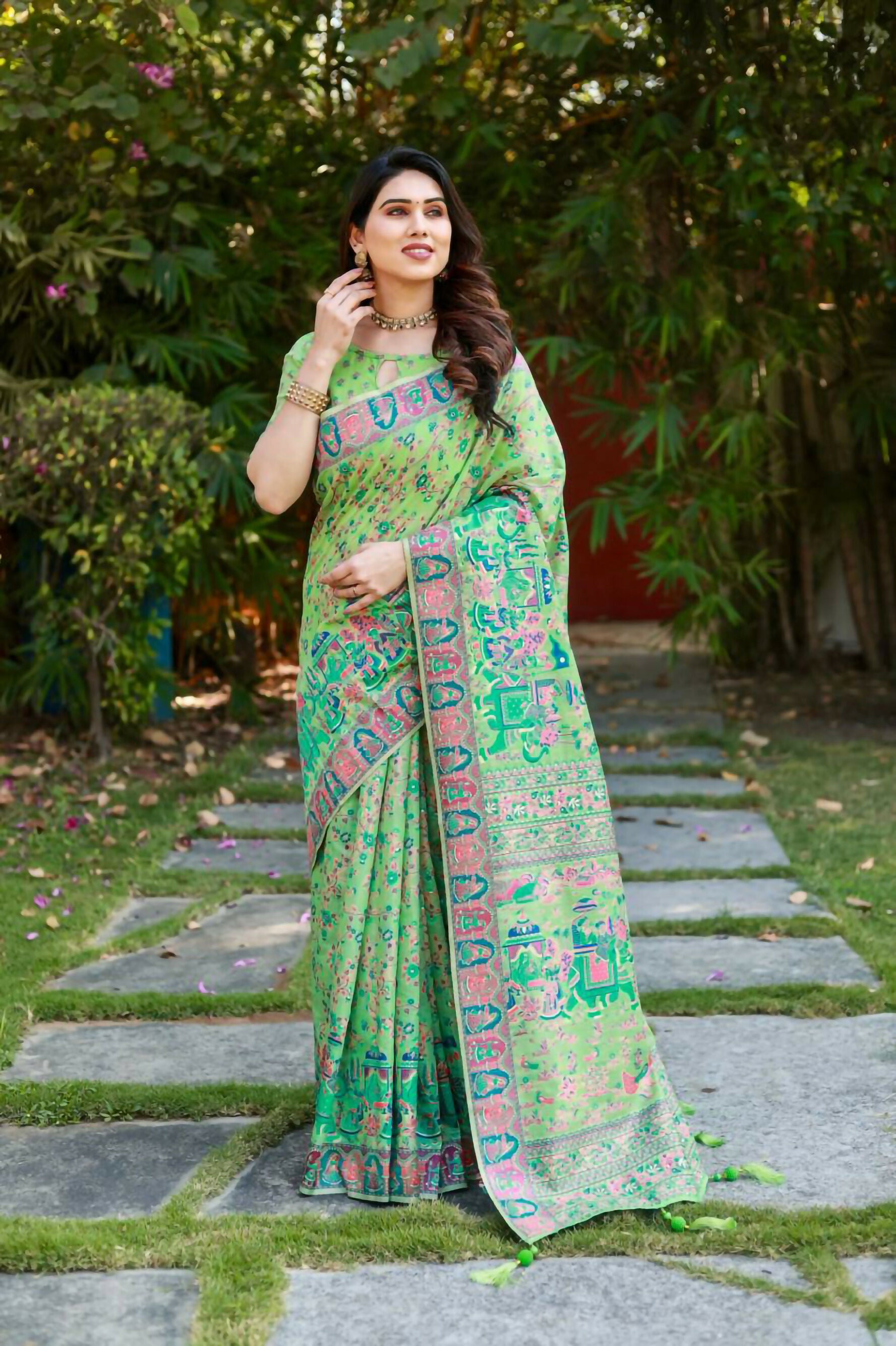 Vastranavya Luxury and Beautiful Soft, Smooth, Flowing Original Pashmina Soft Cotton Saree with Matching Blouse Fabric - Pista - Distacart