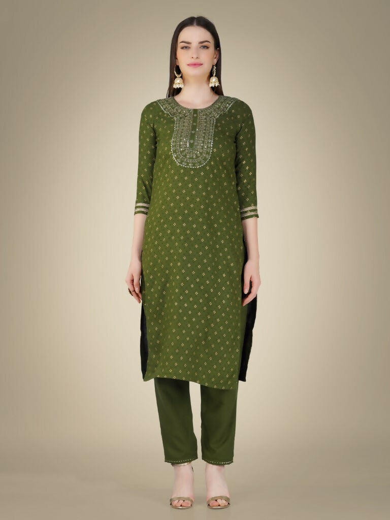 Jyoti Fashion Women's Mehendi Cotton Magic Slub Embroidery & Sequence work Kurta with Trouser & Dupatta - Distacart