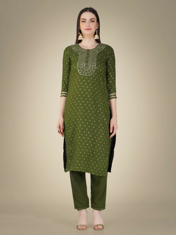 Jyoti Fashion Women's Mehendi Cotton Magic Slub Embroidery & Sequence work Kurta with Trouser & Dupatta - Distacart