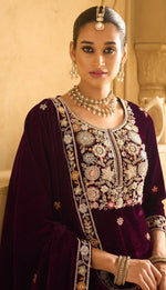 Thumbnail for Anaita Maroon Embroidered Work Velvet Stitched Plazo Suit - Distacart