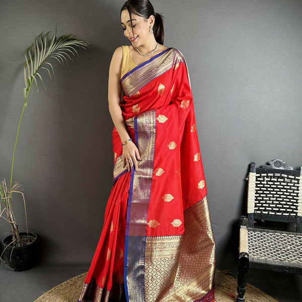 Joban Fashion Red Intricate Zari Weaving Soft Silk Banarasi Saree - Distacart