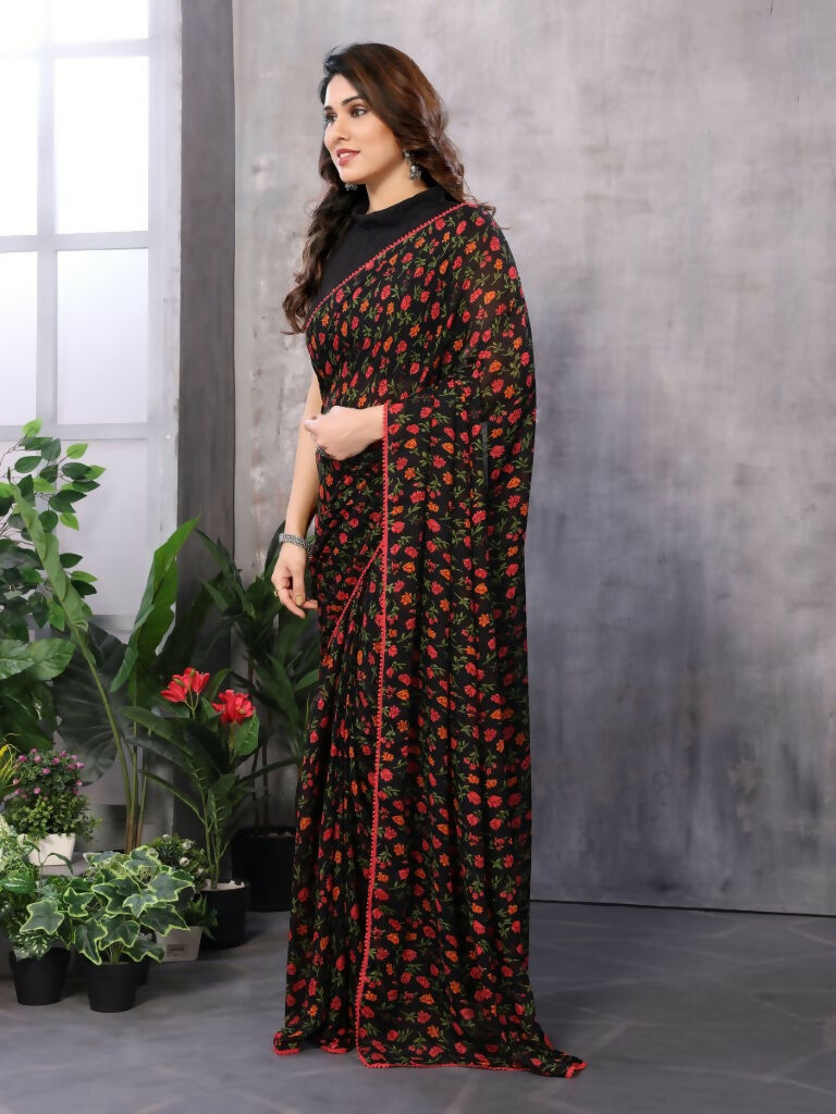 Partywear Designer Black & Red Georgette Fancy Saree - Satrangi - Distacart
