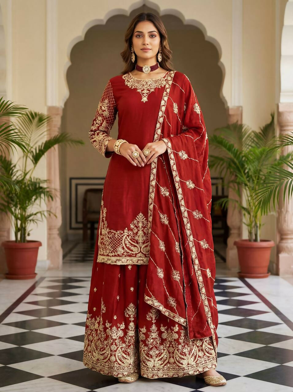 Joban Fashion Red Silk Embroidered Sharara Set - Distacart