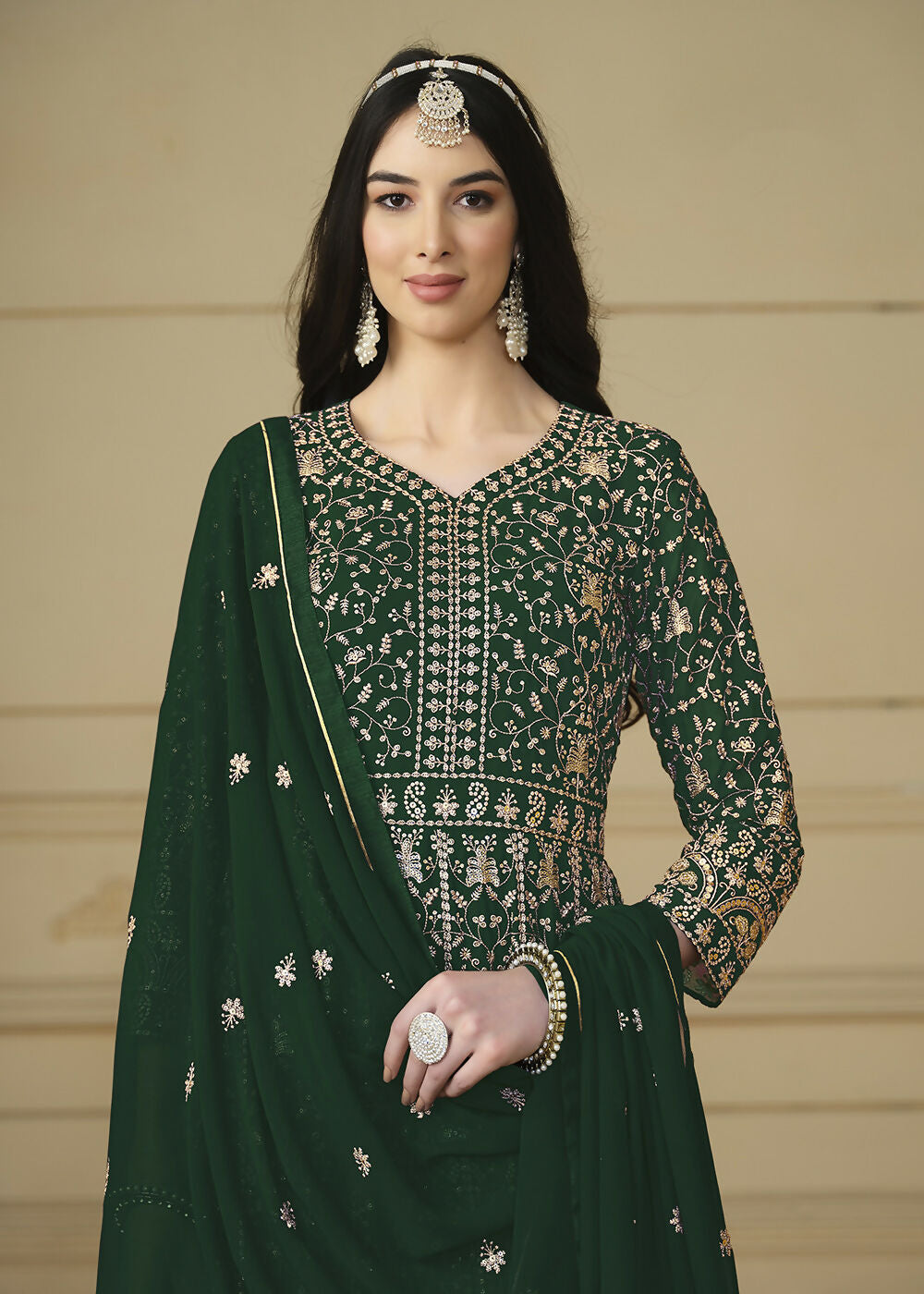 Bottle Green Embroidered Trendy Style Anarkali Suit - Emponline - Distacart