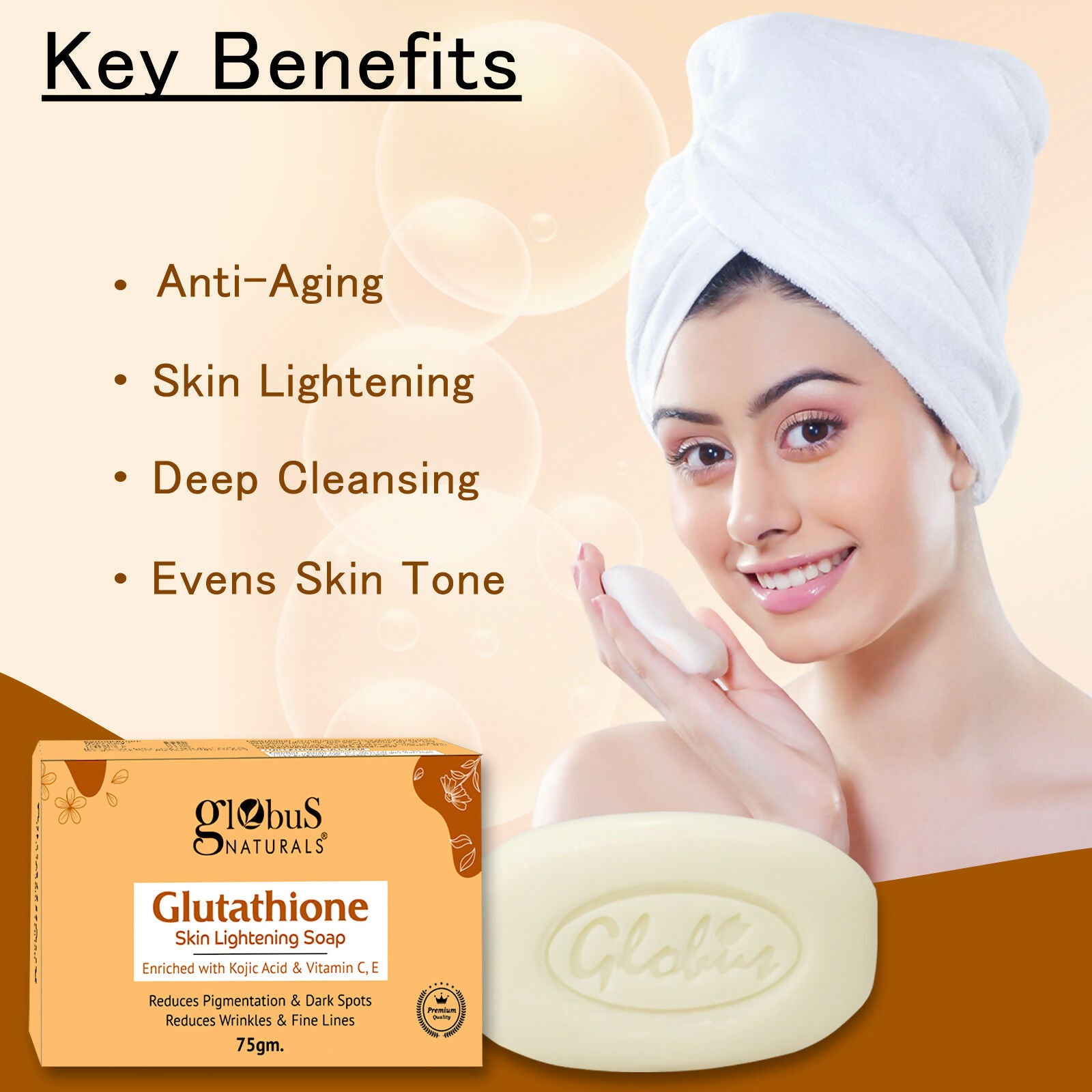 Globus Naturals Glutathione Skin Lightening Soap Enriched with Kojic Acid & Vitamin C, E, Reduces Dark Spots, Wrinkles & Fine Lines