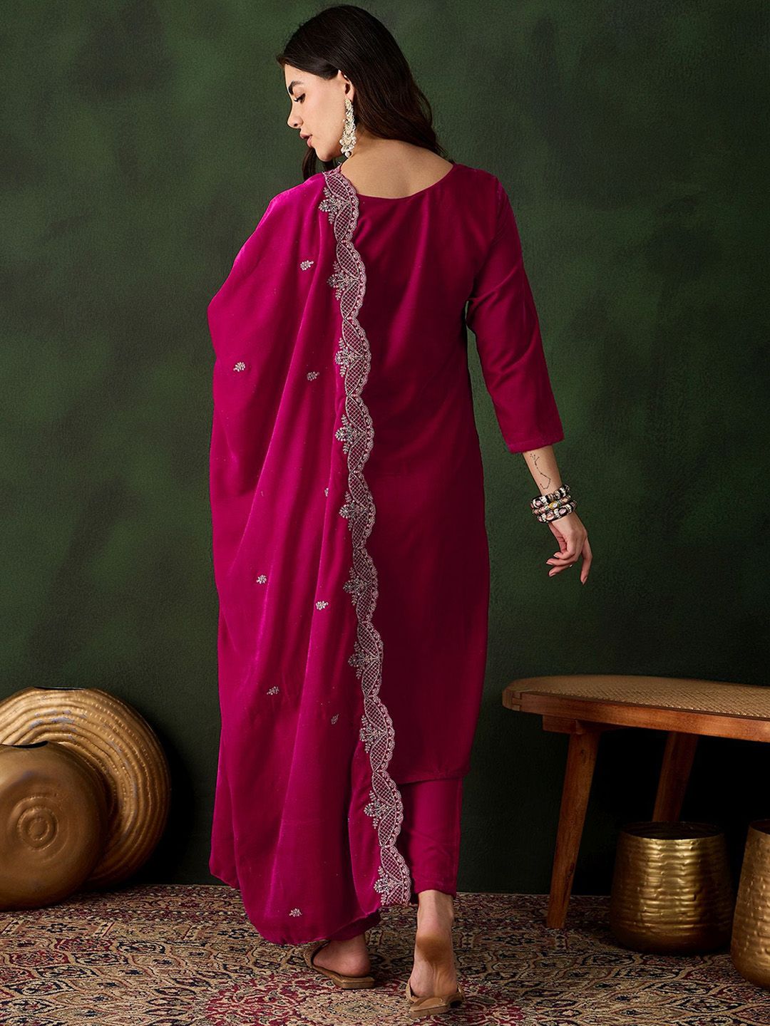 Sangria Floral Embroidered Straight Kurta & Trouser With Dupatta - Distacart
