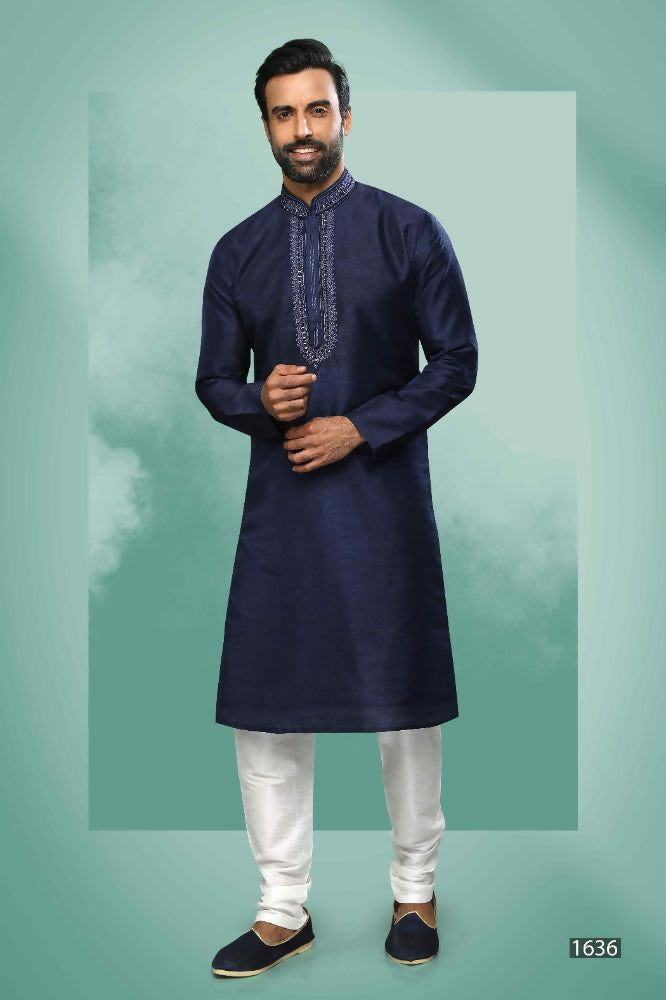 Raivat Ethnic Art Silk Mirror Embroidery Work Kurta Pajama In Blue Colour - Dista