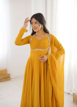 Thumbnail for Teeya Creation Yellow Faux Georgette Designer Party Wear Long Gown - Distacart