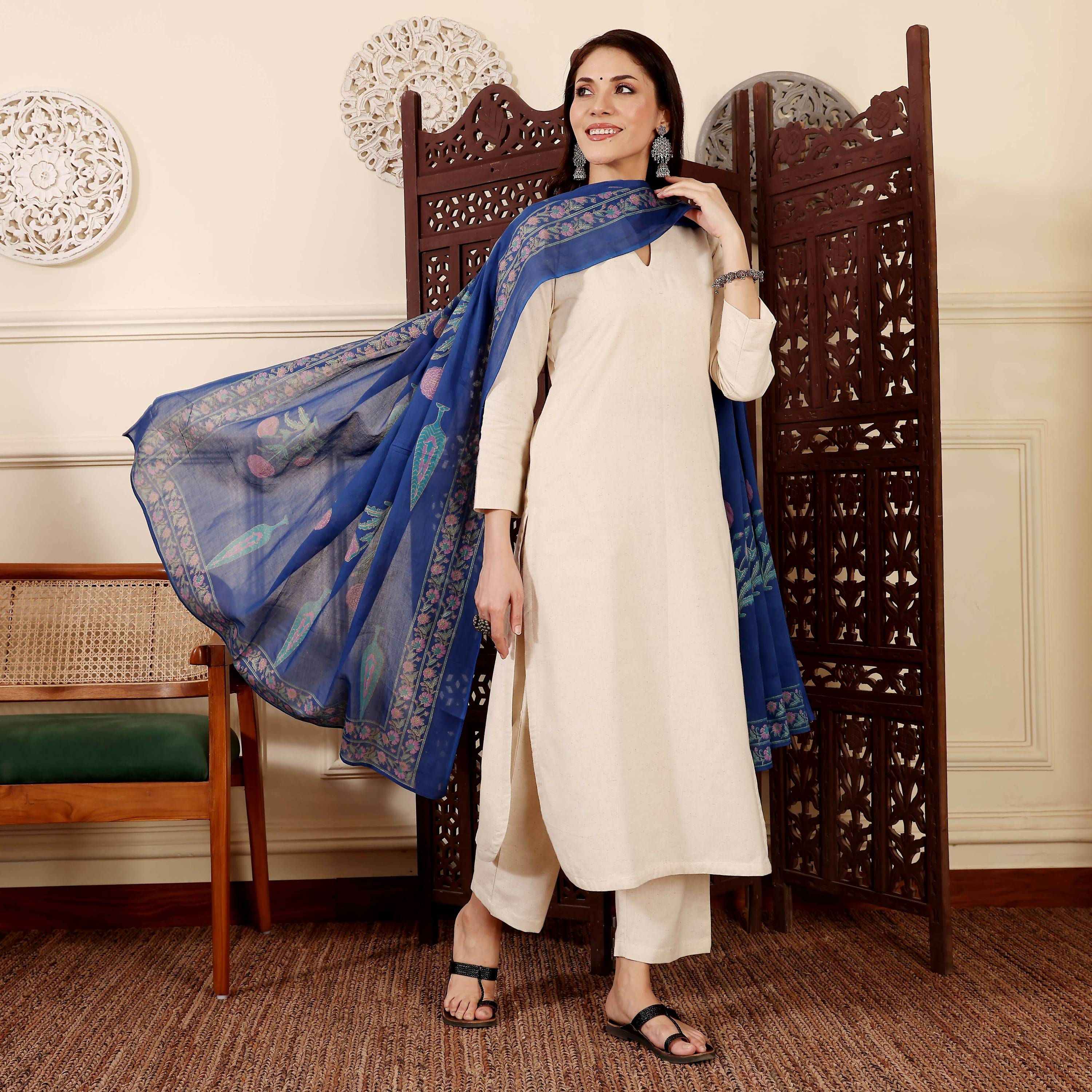 The52 Women's Gorgeous Solid Chanderi Silk Fabric Straight Kurta Pant and Dupatta Set - Dista