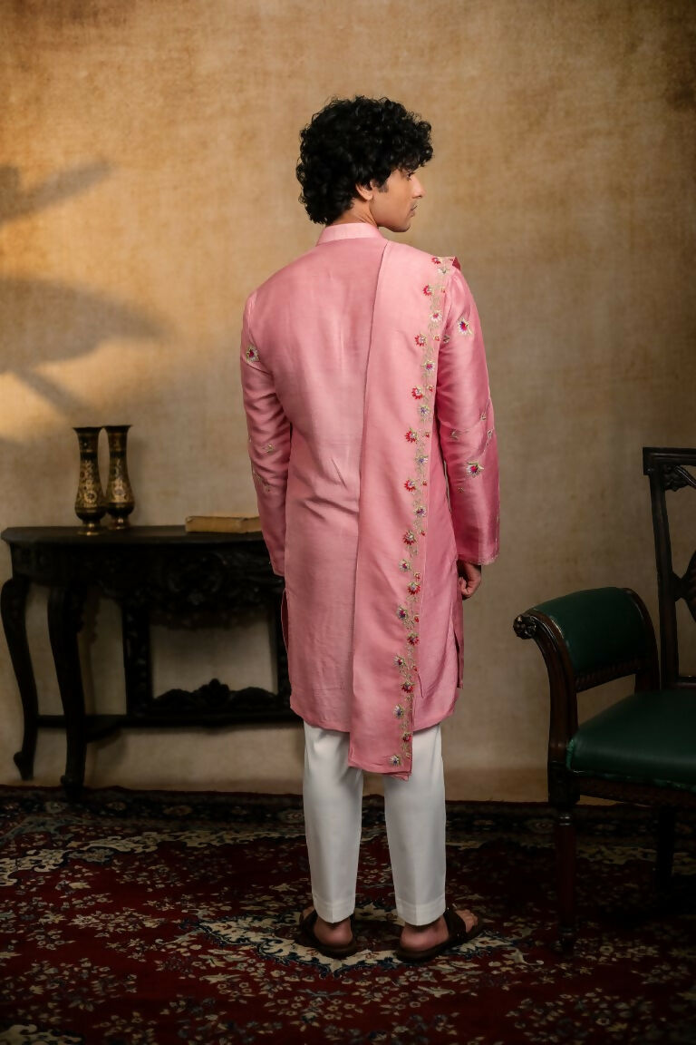 Falling Raw Silk Pink Gulab Pakshi Kurta Set By Hilo Design