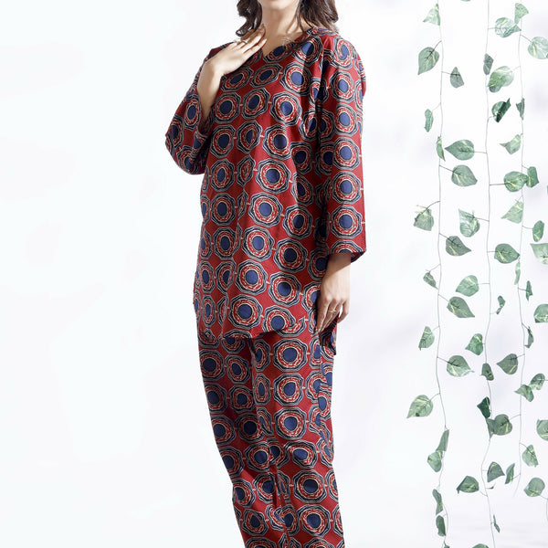 Breathables Abstract Cotton Co-Ord Set – Red - Dista