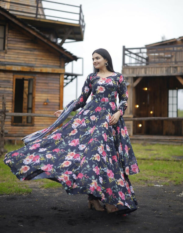 Jyoti Fashion Women's Black Faux Georgette Floral Digital Printed Anarkali Dress with Dupatta - Distacart