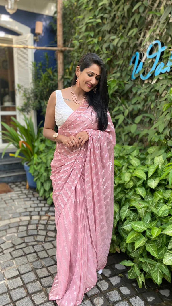 Pink Poly Chiffon Ethnic Motifs Saree with Unstitched Blouse - A2M - Distacart