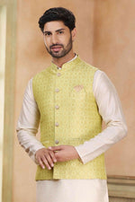Thumbnail for Raivat Ethnic Jacquard Banarasi Silk Woven Work 3 Pics Jacket Set In Lemon Colour - Distacart