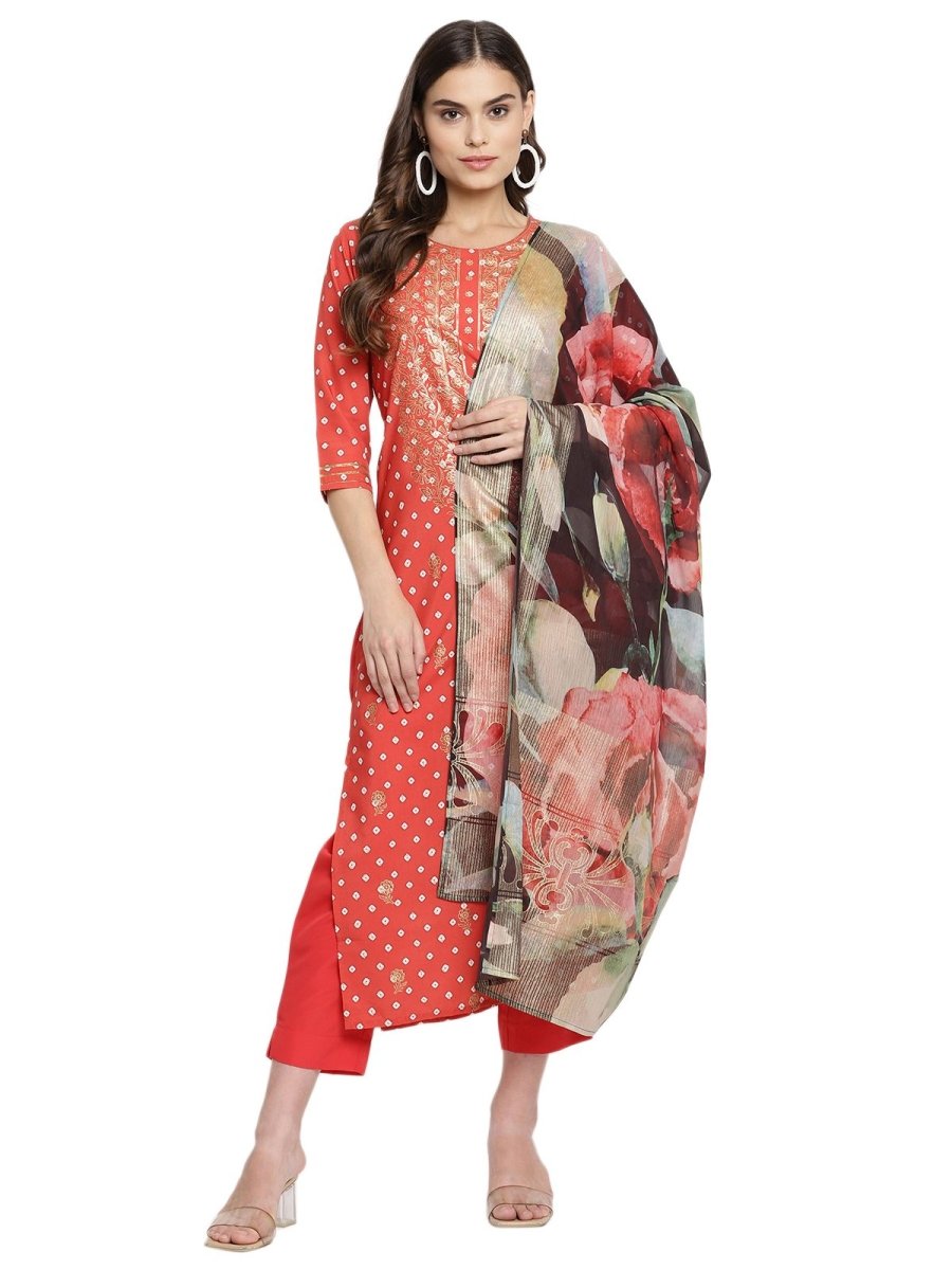 Ahalyaa Red Crepe Bandhani Gold Printed Kurta Pant With Dupatta