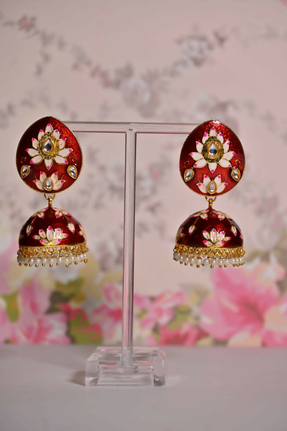 Maroon Hand Painted Ethnic Meenakari Jhumki Earrings By House of Ree - Distacart