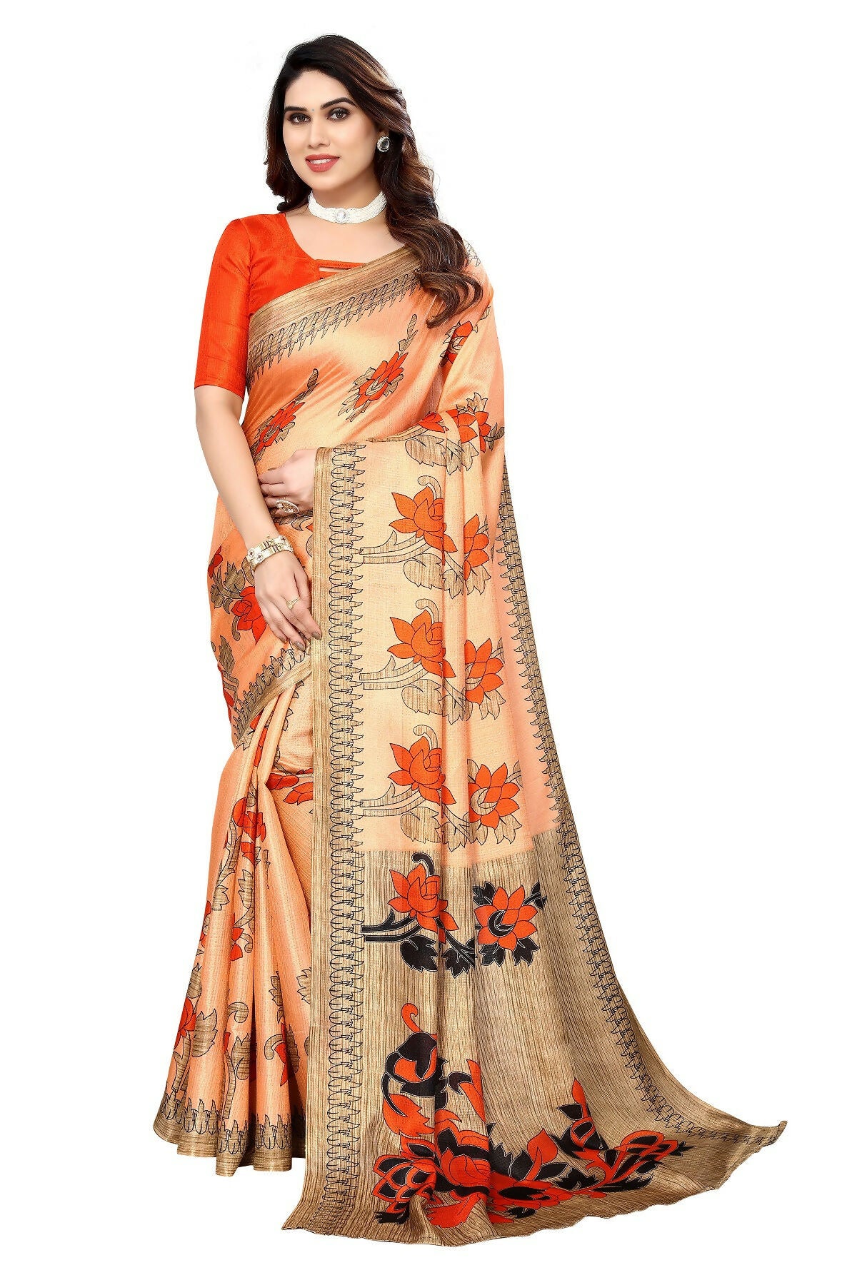 Vamika Orange Printed Art Silk Saree - Distacart