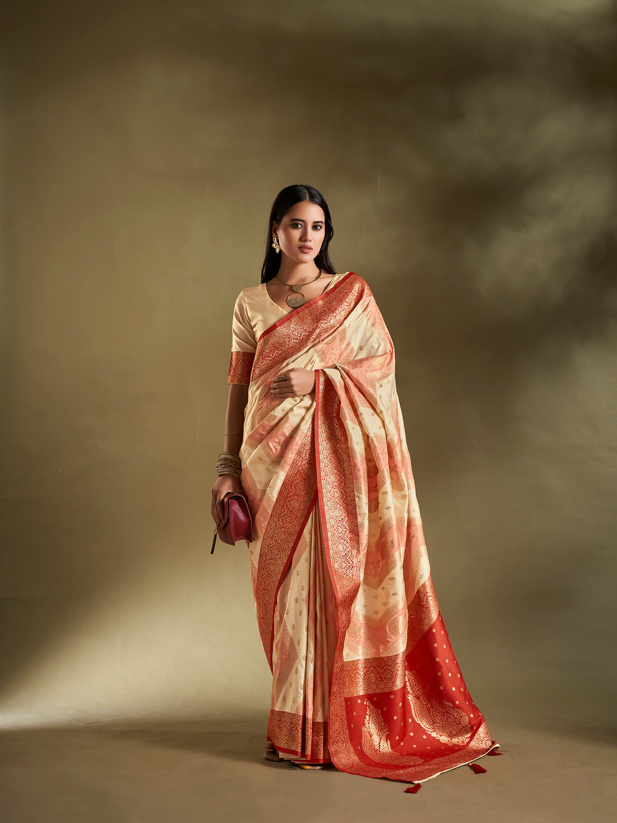 Elora Pure Soft Silk Woven Designed Banarasi Saree- Cream & Pink