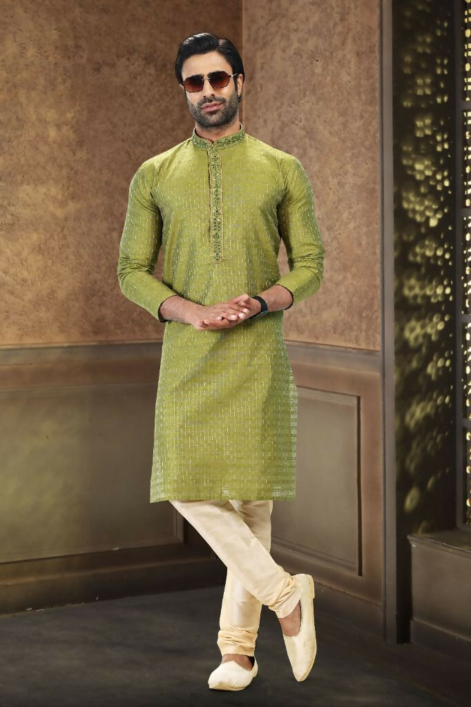 Raivat Ethnic Jacquard Art Silk Mirror and Thread Work Kurta Pajama In Green Colour - Distacart