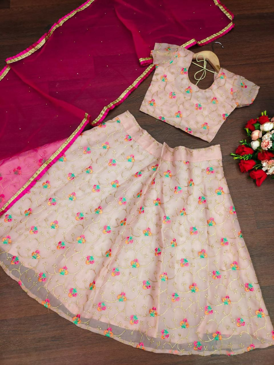 Jyoti Fashion Beautiful Peach Organza Silk Embroidered Kids Lehenga Choli Set - Distacart