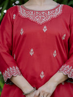 Thumbnail for The52 Red Women's Gorgeous Embroidered Vichitra Silk Fabric Straight Kurta, Sharara and Dupatta Set - Distacart