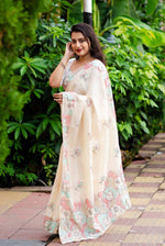 Thumbnail for Offwhite Pure Linen Ethnic Motifs Saree with Unstitched Blouse - A2M