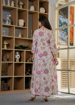 Thumbnail for Jaimini Women Cotton Printed Round Neck 3/4 Sleeves Calf Length Flared Kurta Pant And Dupatta Set - Dista