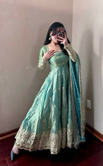 Thumbnail for Teeya Creation Teal Fendy Silk Designer Heavy Work Wedding Wear Long Gown - Distacart