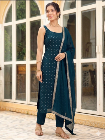 Teeya Creation Womens New Elegant Teal Embroidered Kurti with Matching Bottom Set - Dista