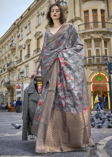 Lovely Dark Grey Polly Brasso Designer Saree - Emponline - Distacart