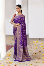 Thumbnail for Joban Fashion Purple Crepe Chiffon Pure Handloom Banarasi Silk Saree