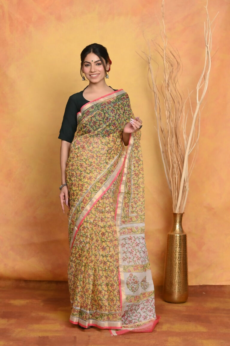 Very Much Indian Pure Kota Cotton Handblock Printed Saree - Yellow - Distacart