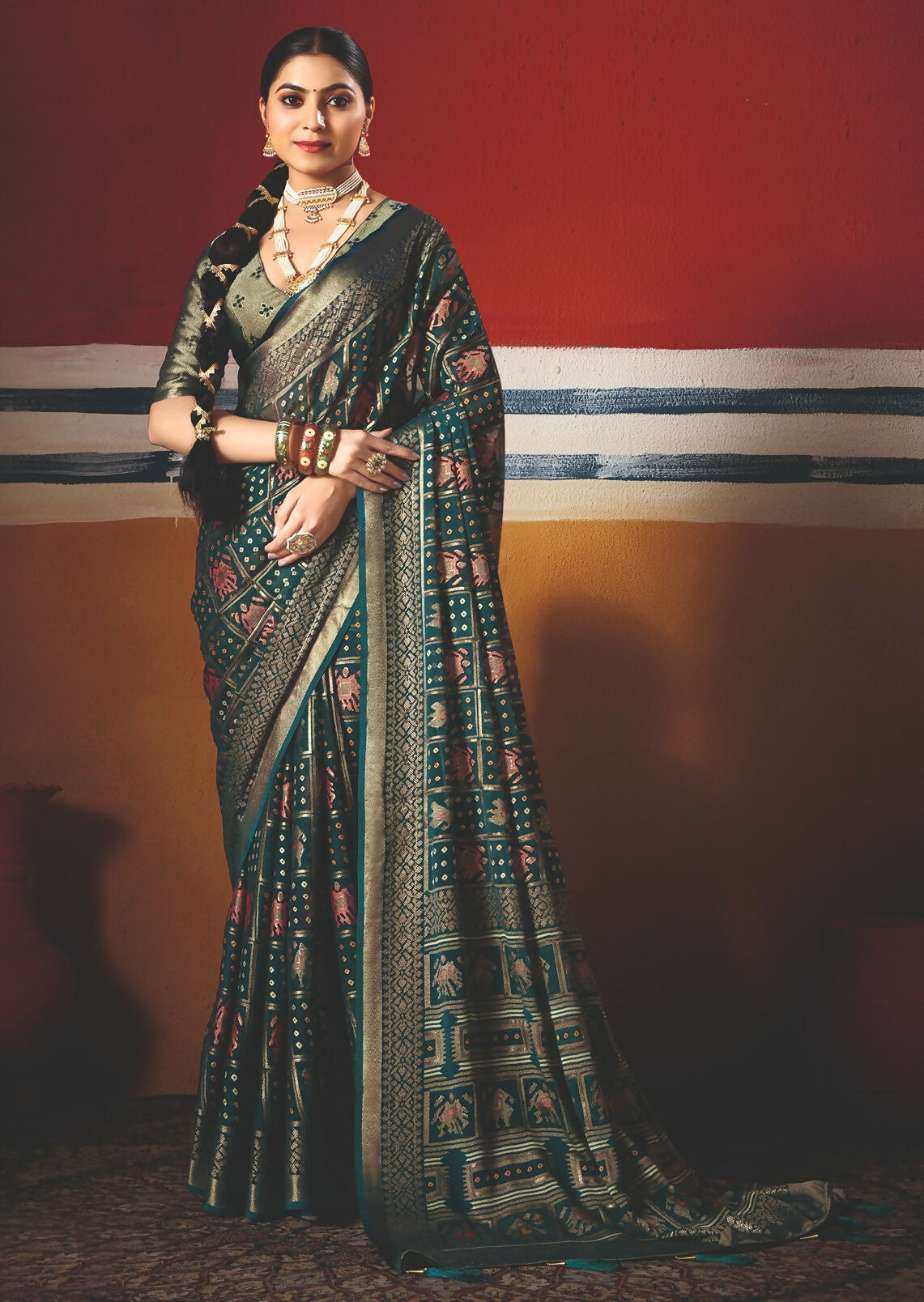 Joban Fashion Teal Blue Dull Moss Brasso Saree