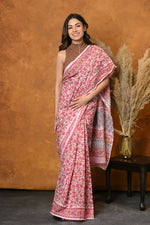 Thumbnail for Very Much Indian Pure Cotton Handblock Printed Saree - Light Pink - Distacart