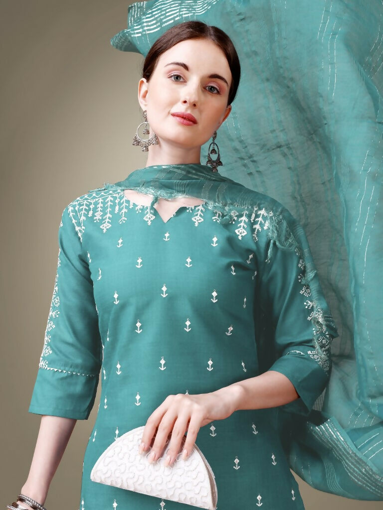 Jyoti Fashion Women's Teal Cotton Blend Embroidery & Sequence work Kurta with Trouser & Dupatta - Distacart