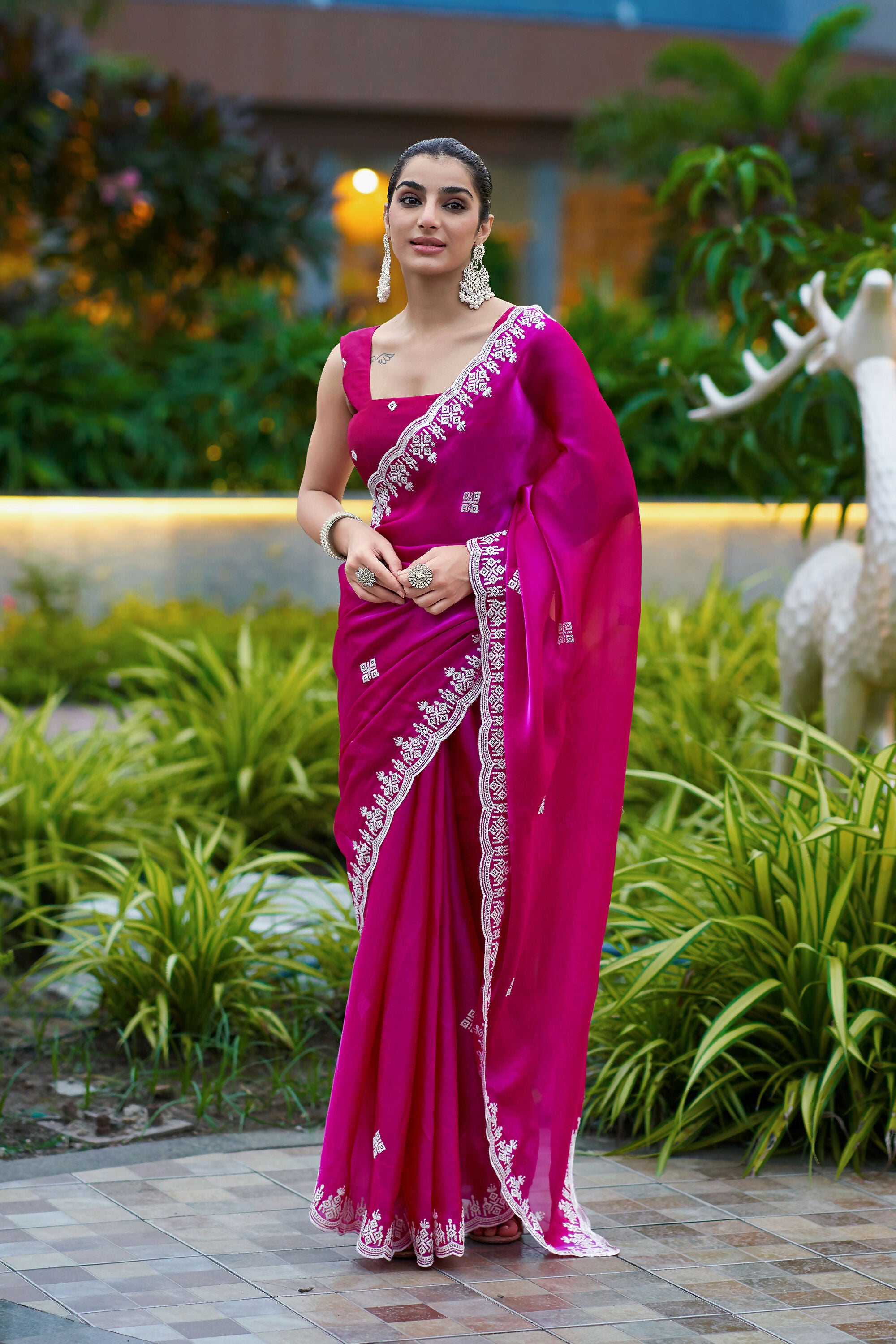 Vastranavya Pink Embroidery Work Shimmer Chiffon Saree with Unstitched Blouse