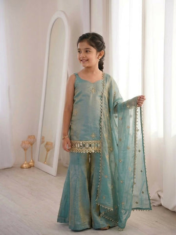 Teeya Creation New Trendy Kids Wedding Wear Kurta Suit - Blue Palazzo Set - Dista