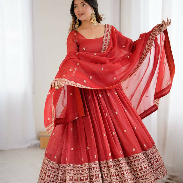 The52 Women's Beautiful Embroidery Work Crunchy Silk Fabric Flared Anarkali and Dupatta Set - Distacart