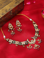 Thumbnail for Ruby Raang Gold Polished Multi-Color Kundan And Stonework Necklace With Matching Earrings
