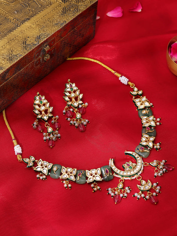 Ruby Raang Gold Polished Multi-Color Kundan And Stonework Necklace With Matching Earrings