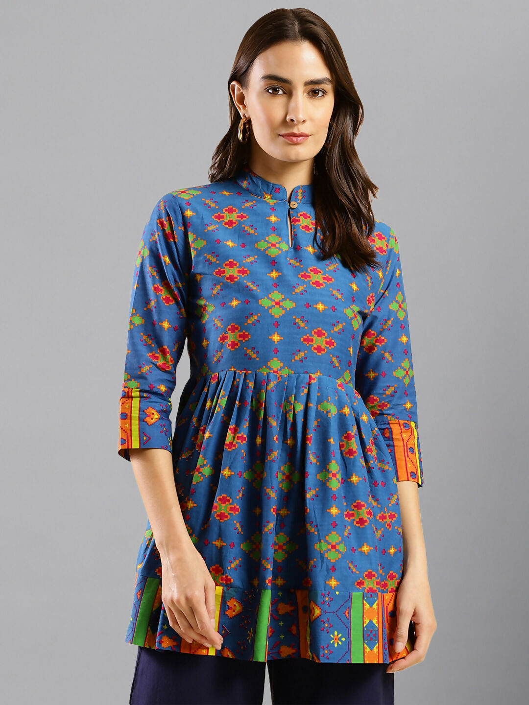 Women Blue & Green Pure Cotton Abstract Print Aline Top - Bosky - Distacart