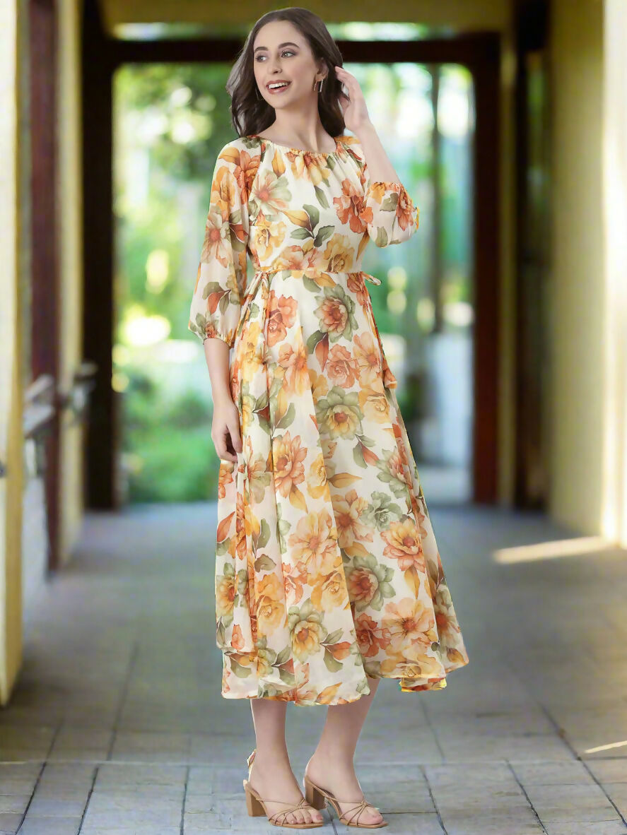 Souchii Cream Floral Chiffon Dress - Dista