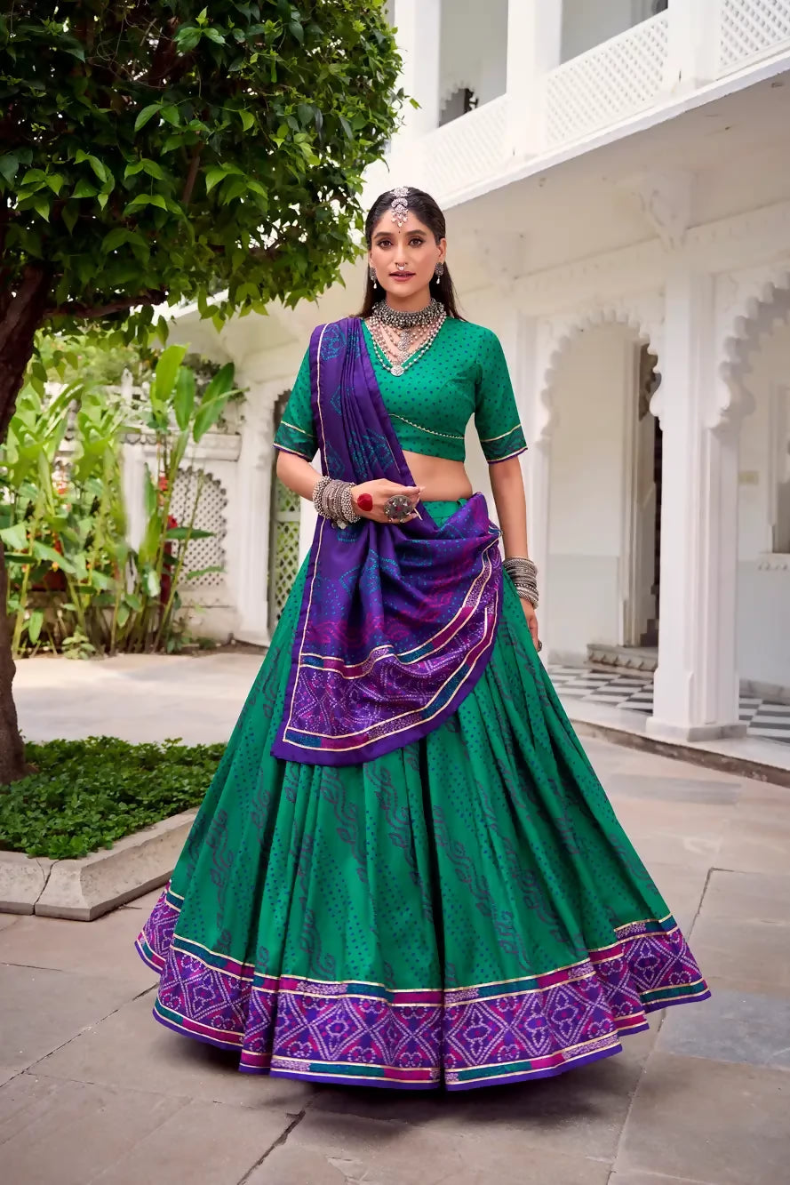 Looknbook Art Ethnic Charm Redefined Tasar Silk Bandhej Lehenga Set with Gota Patti Touch-Up-Green