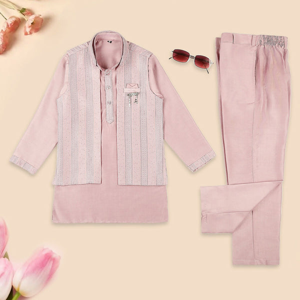 Joban Fashion Kids Island Embroidery Sequence Full Sleeves Kurta, Pyjama Set with Nehru Jacket - Pink - Distacart