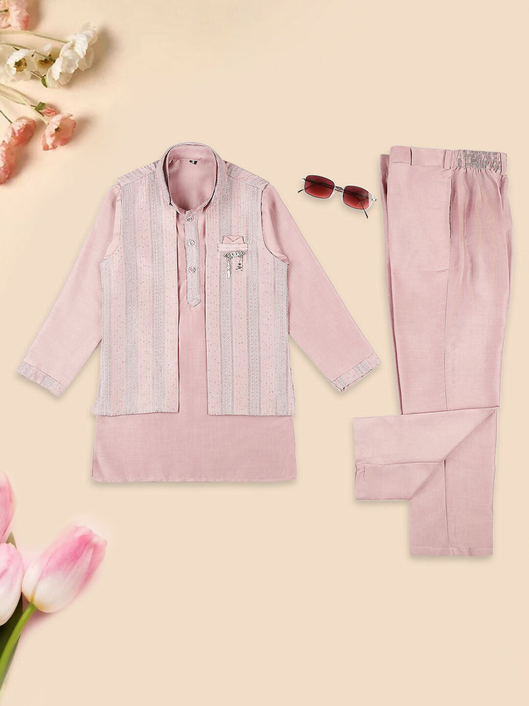 Joban Fashion Kids Island Embroidery Sequence Full Sleeves Kurta, Pyjama Set with Nehru Jacket - Pink