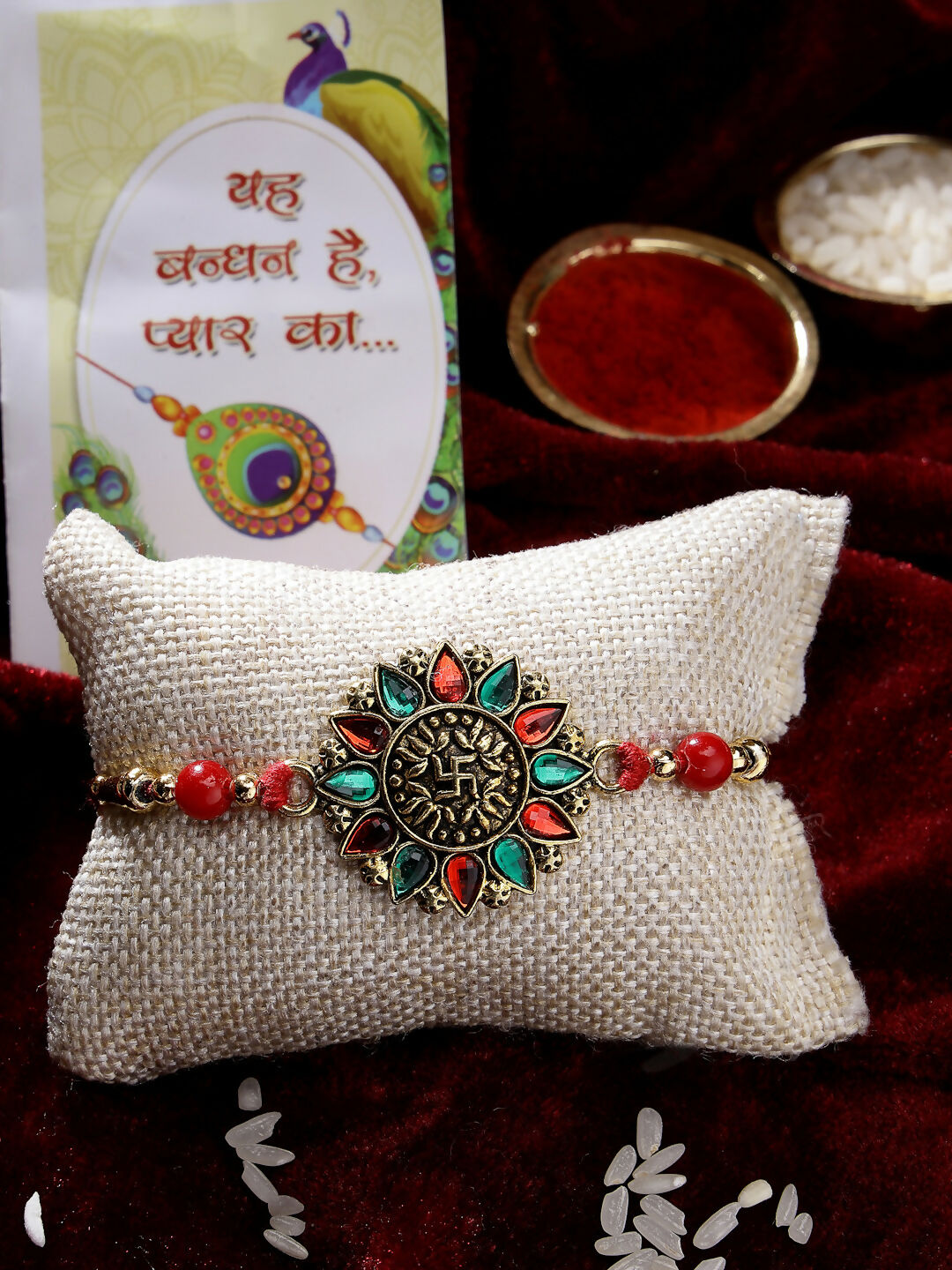 NVR Men Red & Gold-Toned Stone-Studded Rakhi With Roli Chawal & Chocolate - Distacart
