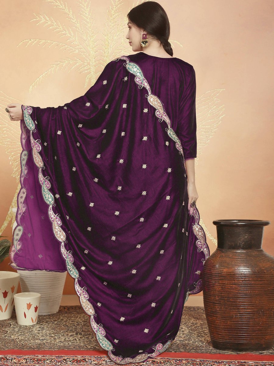 Aastha Fashion Women's Wine Velvet Cording with Resham Thread & Sequin Kurta with Trouser & Dupatta - Distacart